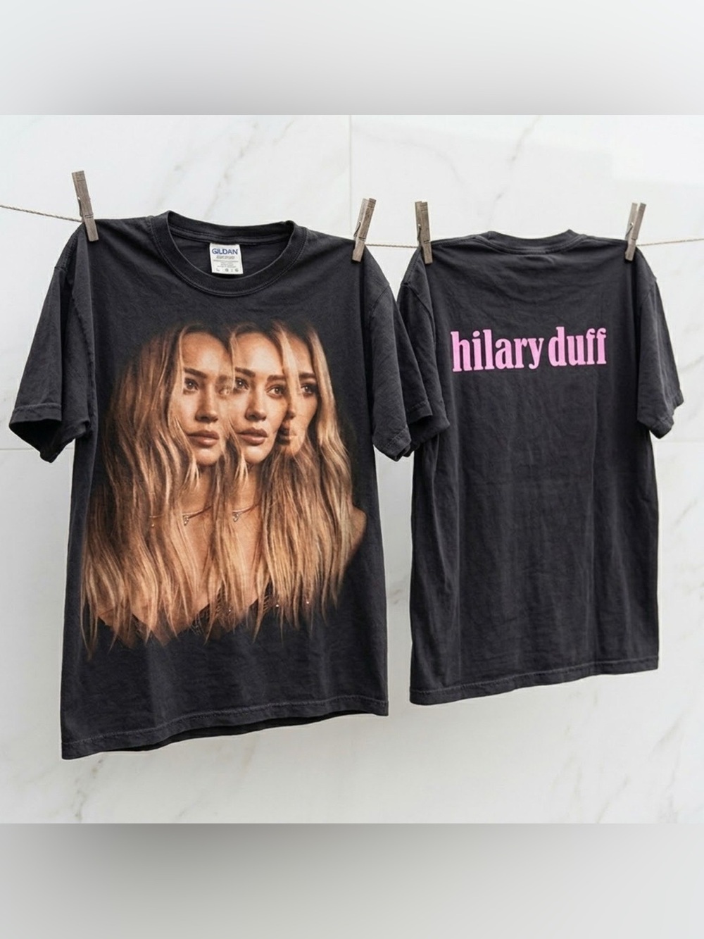Gildan Black Hilary Duff Graphic Tee with Pink Back Text